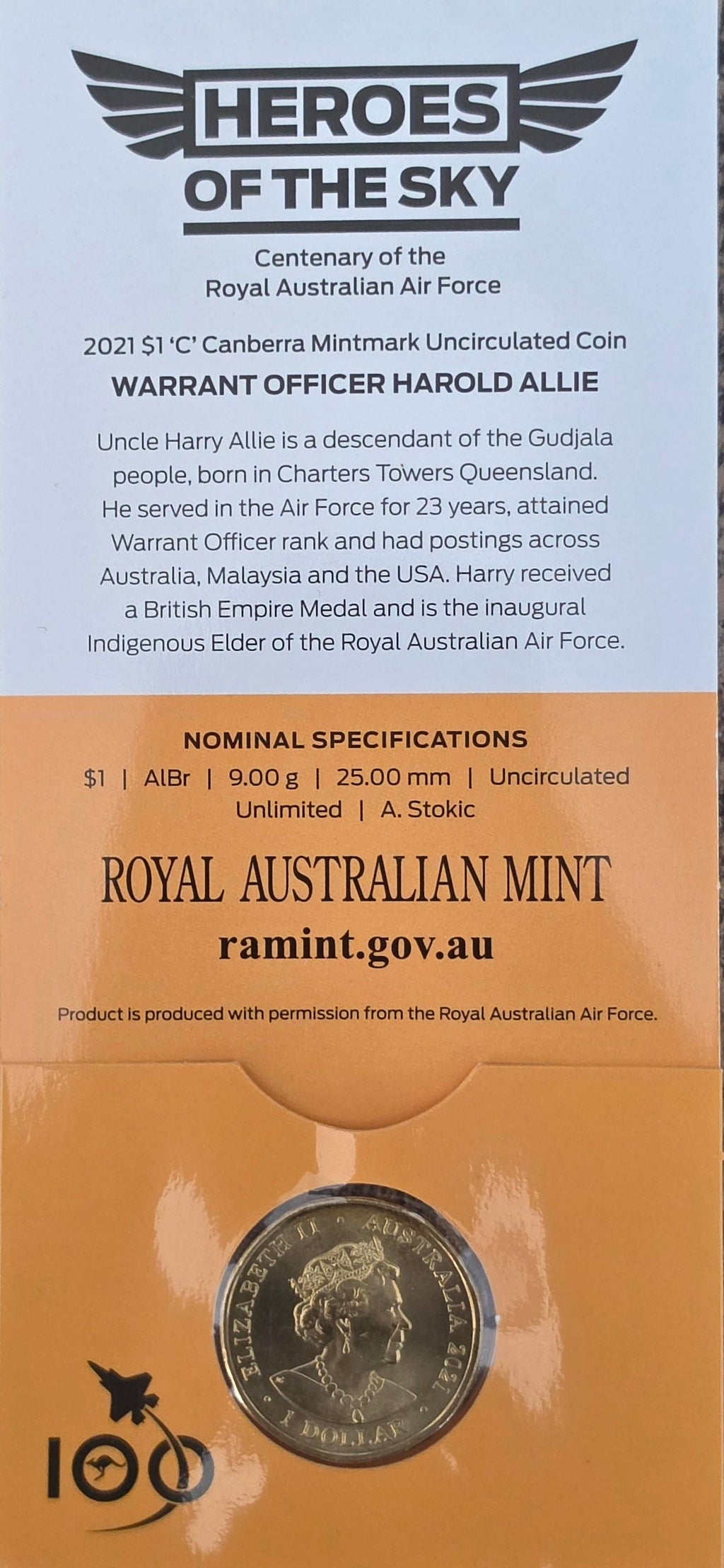 2021 $1 "C" Mintmark coin from the "Heroes of the Sky" series, commemorating the centenary of the Royal Australian Air Force.