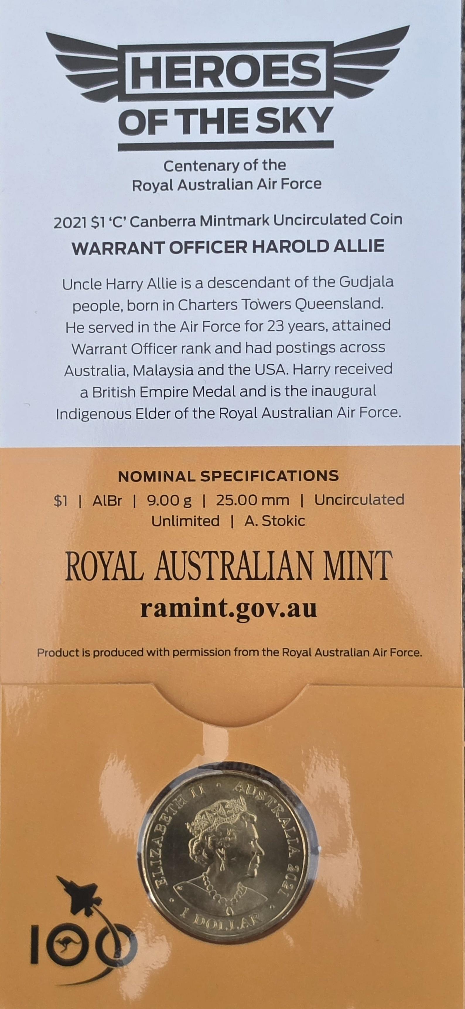 2021 $1 "C" Mintmark coin from the "Heroes of the Sky" series, commemorating the centenary of the Royal Australian Air Force.