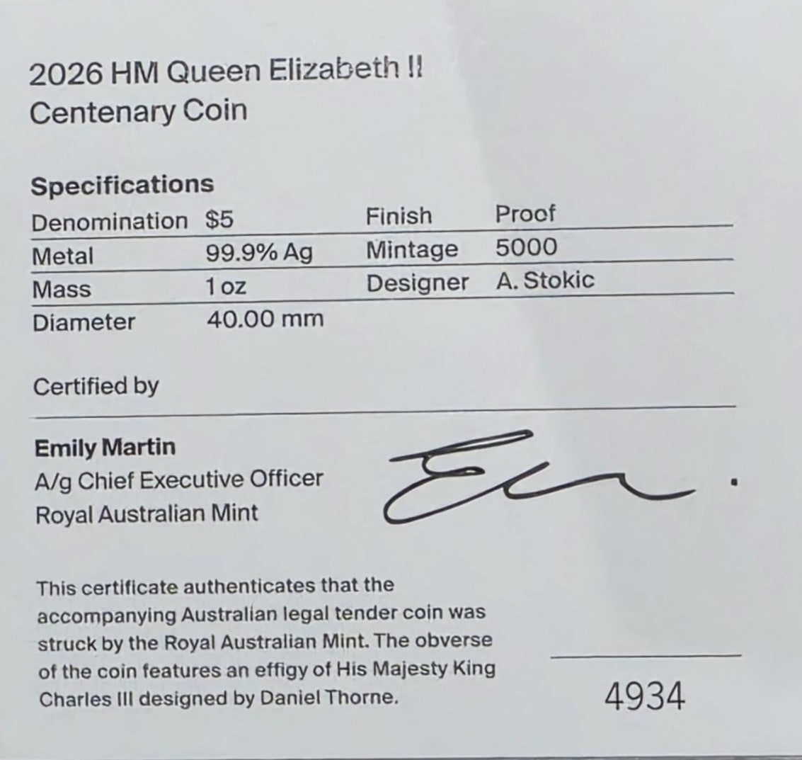 Queen Elizabeth Centenary 1 ounce silver