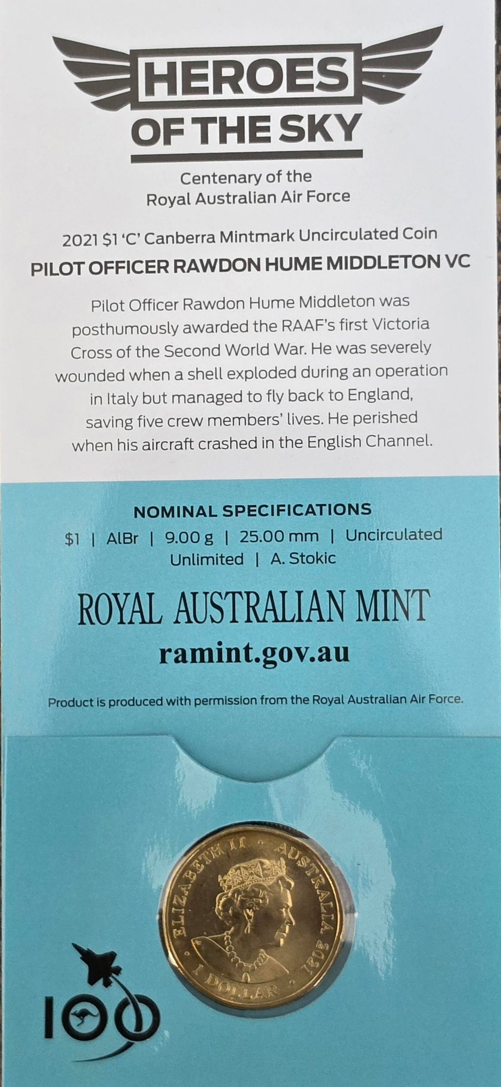 2021 $1 coin from the "Heroes of the Sky" series, honoring Pilot Officer Rawdon Hume Middleton VC.