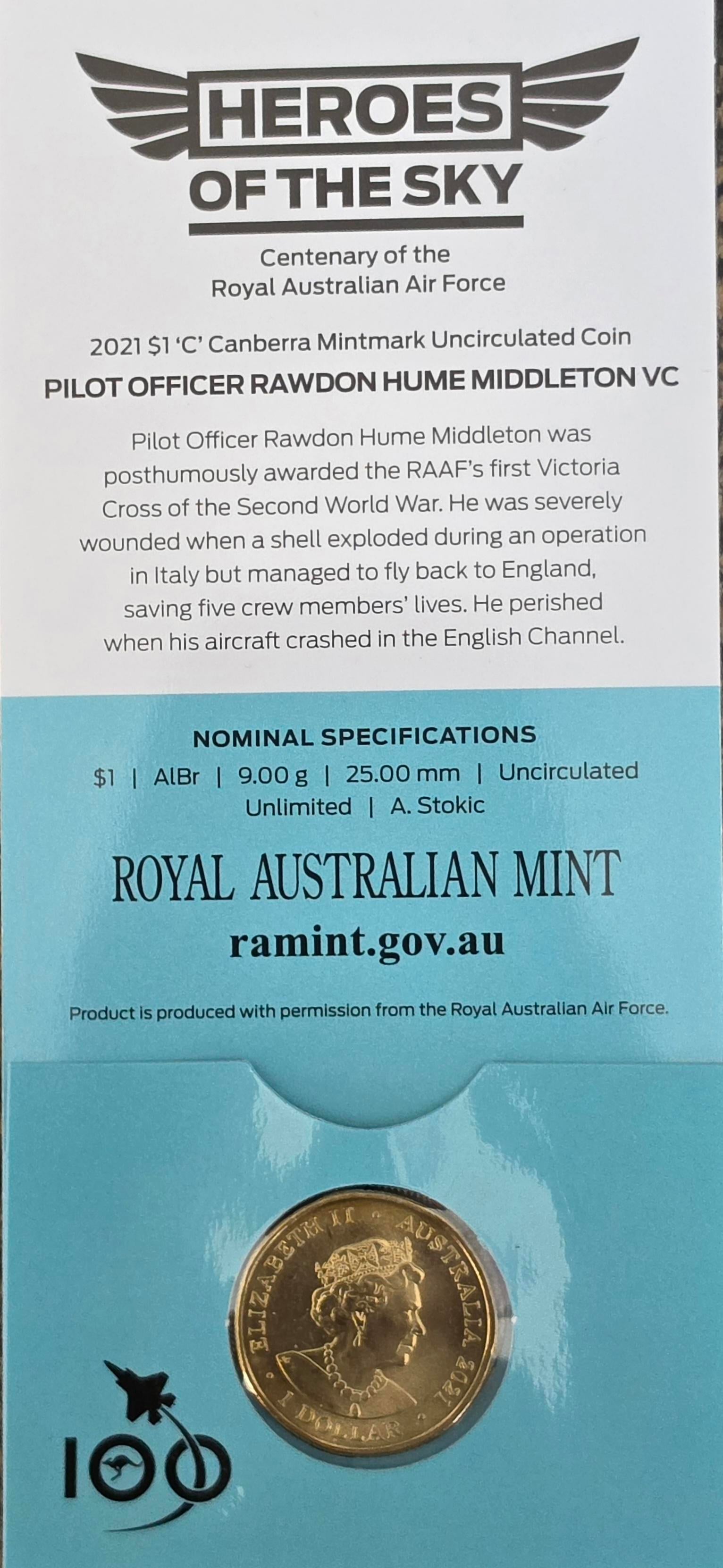 2021 $1 coin from the "Heroes of the Sky" series, honoring Pilot Officer Rawdon Hume Middleton VC.
