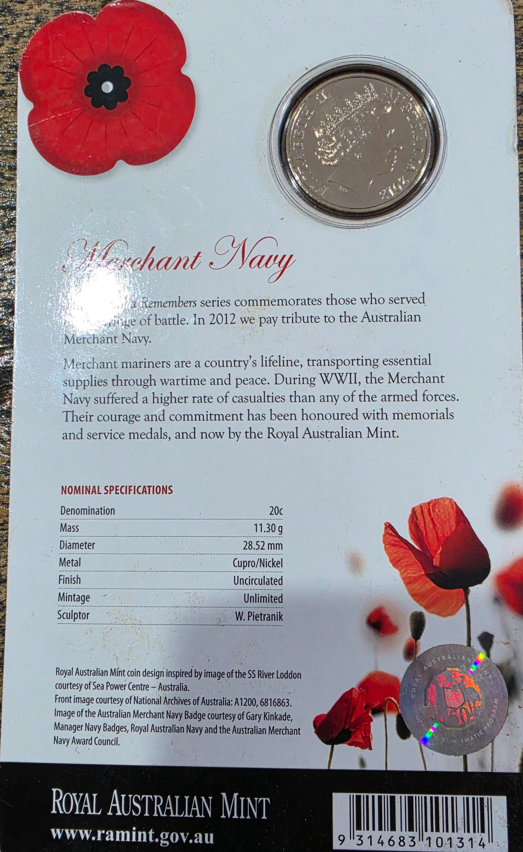 2012 Merchant Navy uncirculated 20c coin