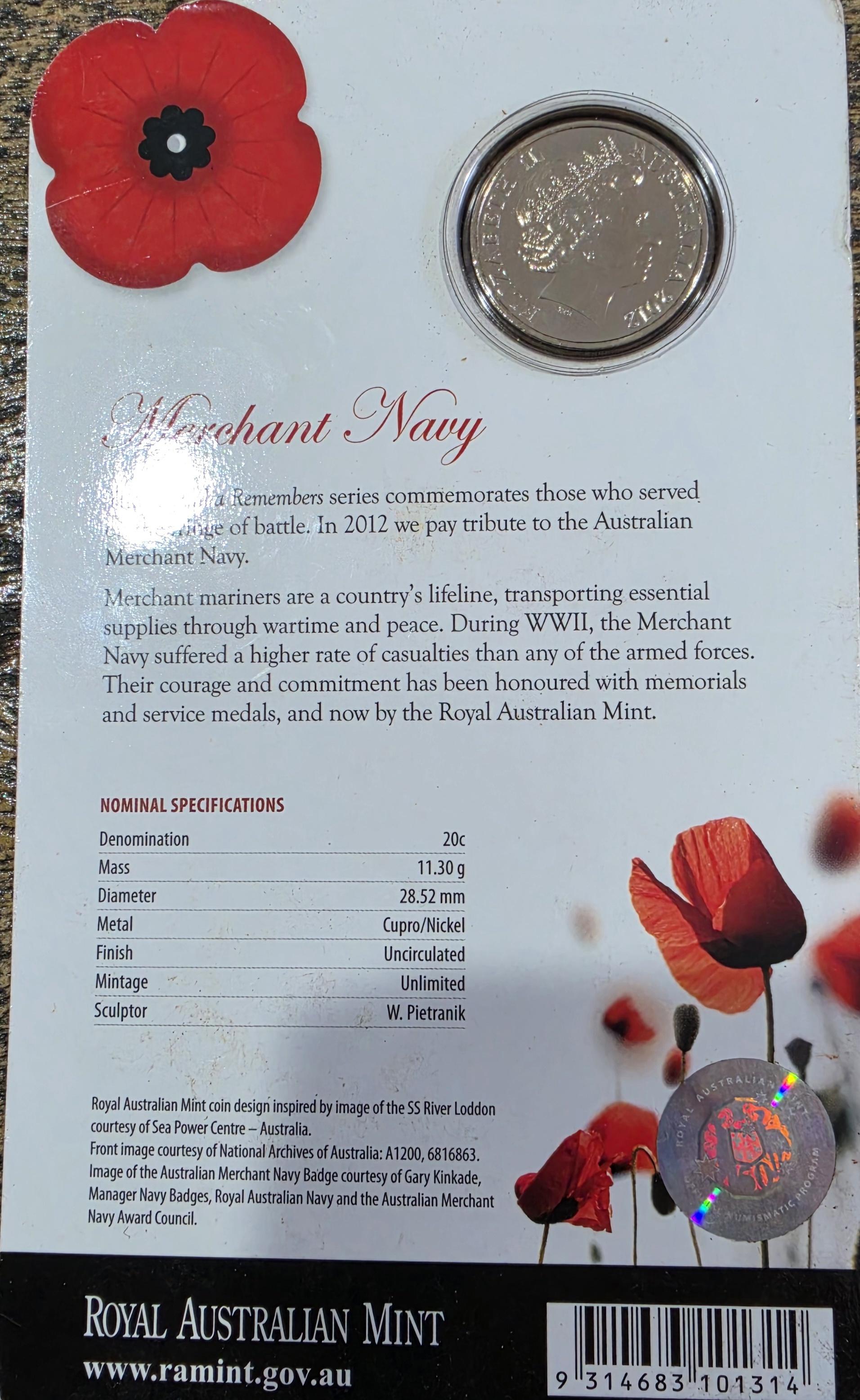 2012 Merchant Navy uncirculated 20c coin