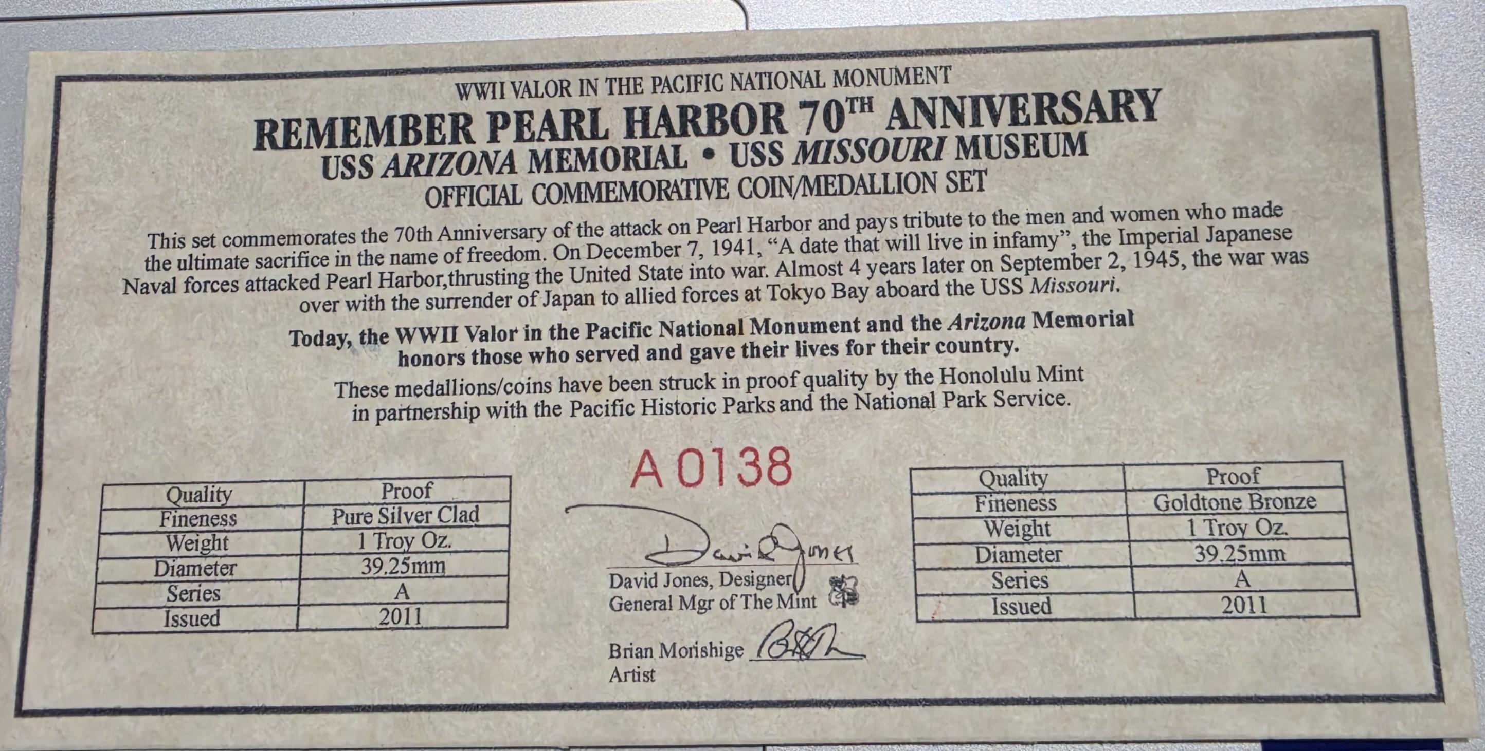 Remember Pearl Harbor 70th Anniversary coin/medallion set