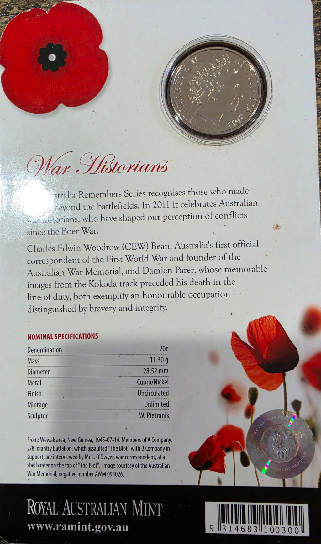 2011 war historians uncirculated 20c coin