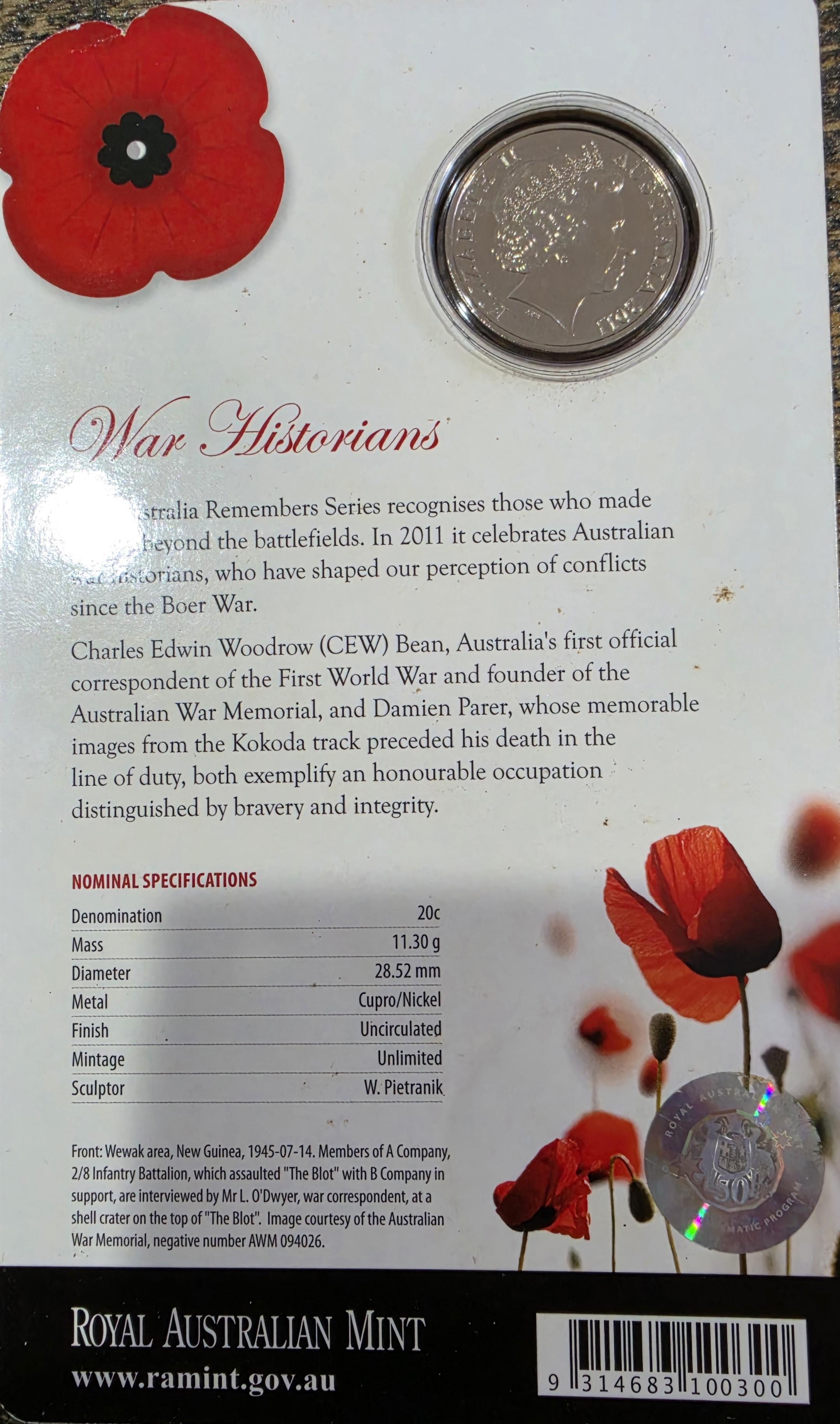 2011 war historians uncirculated 20c coin